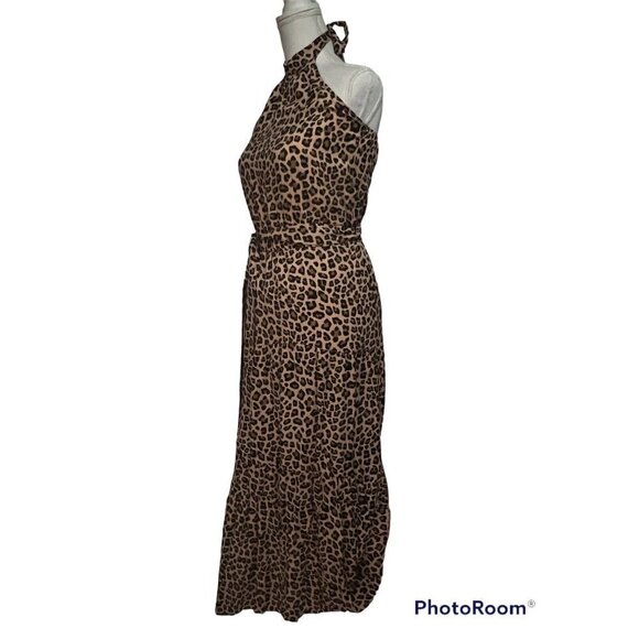 Womens Boho Leopard Print Peplum Halter Maxi Dress Small Elastic Waist Stretch - Picture 4 of 6
